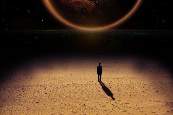 Smutek samotnego człowieka na planecie gwiazda