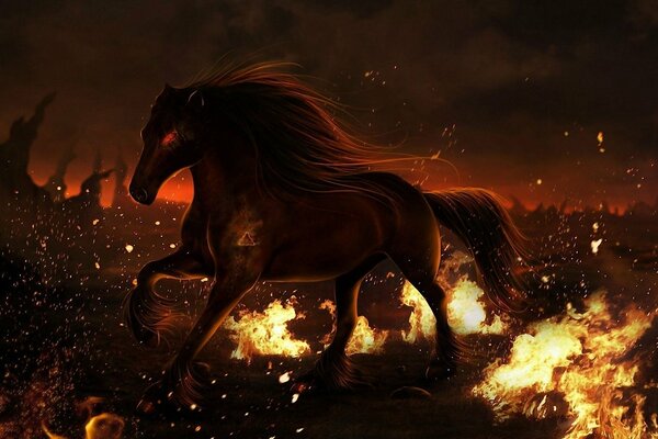 Koń biegnący po polu ognia