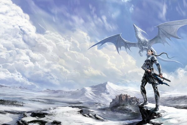 Прекрасная эльфийская воительница в доспехах и с мечом в сопровождении белого дракона, взирающая на ледяную равнину