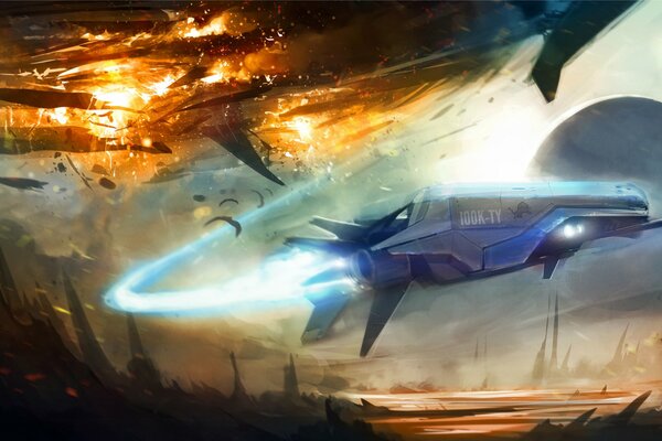 Art of the battle of spaceships against the background of dark mountains and blue planets