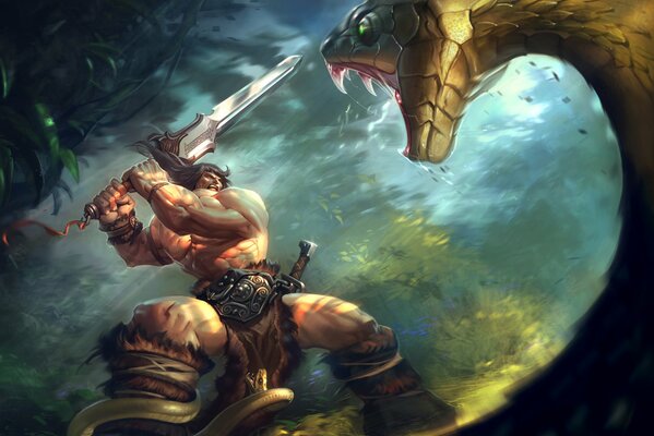 A fight between a snake and a barbarian in the jungle