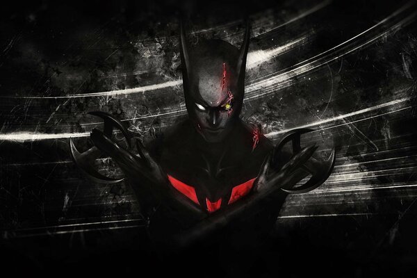 Batman of the future in fantastic dc comics. Wounds, batarangs, new suit and weapons