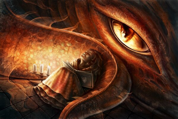 The girl fell asleep reading a book next to the dragon