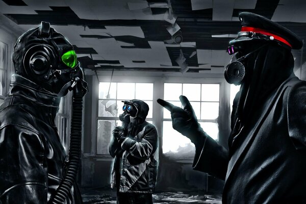 A team of researchers in gas masks studying a room in a destroyed building