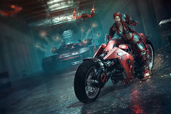 Girl on a red motorcycle art