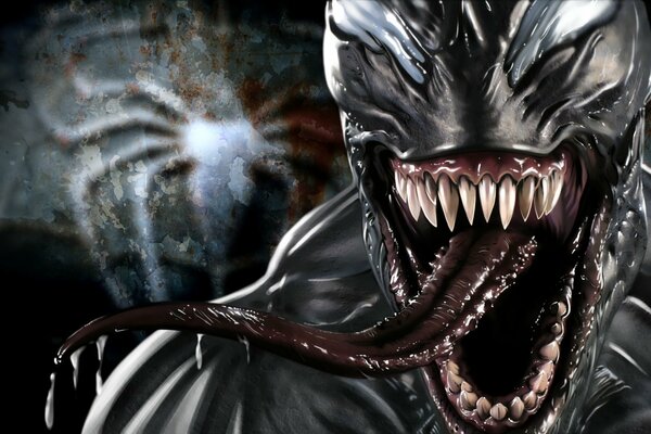 Eddie Brock avec une longue langue et des dents pointues