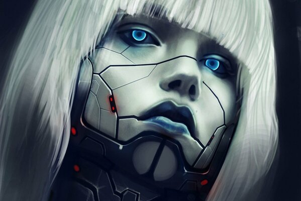 Blue-eyed girl with a robot face