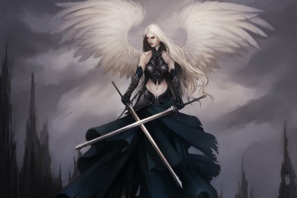 Angel girl in a black robe with two swords