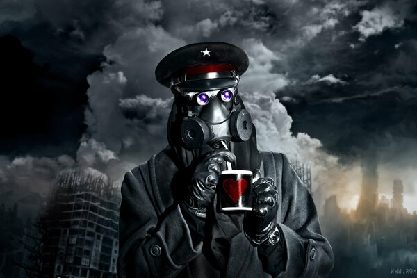 The captain in a protective suit drinks from a mug with a heart and watches apacalypsis