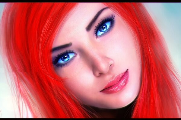 Ariel z czerwonymi włosami i niebieskimi oczami