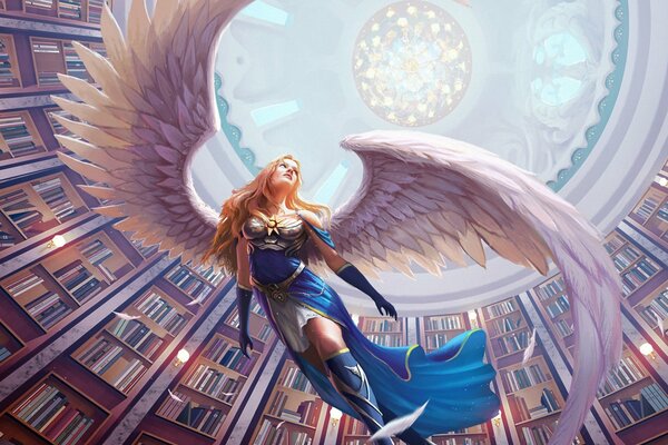 Ange en vol sous le soleil dans la bibliothèque