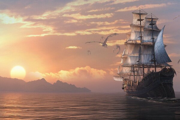 The flying dragon of eternity and the ship at sea
