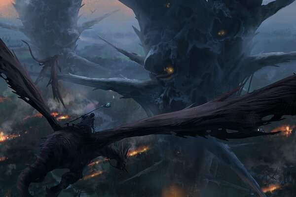 Dragon Rider flying over a fantasy city
