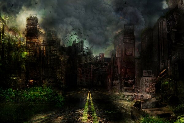 Las ruinas de la ciudad del futuro con el cielo gris
