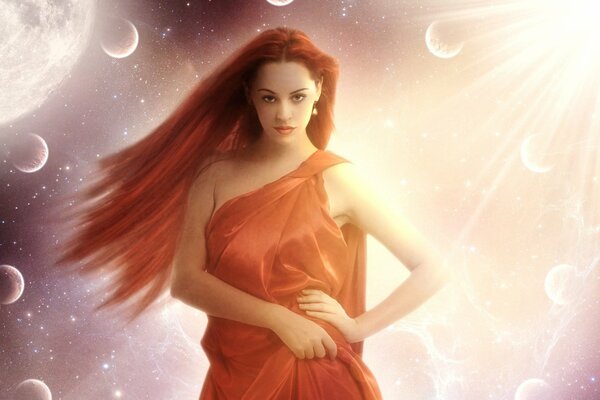 A girl with red hair on the background of a cosmic landscape