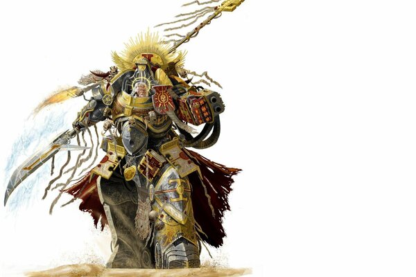 Guerrero de warhammer en armadura con armas