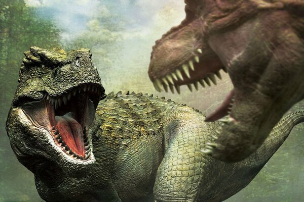 Dinosaur fight. Open mouths of predators