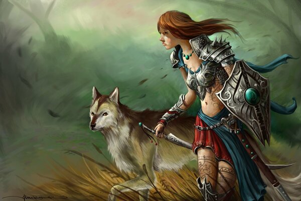 Art girl in armor with a sword and shield with tattoos, next to a wolf