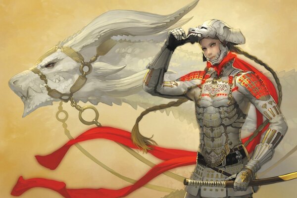 Arte di un samurai giapponese con trecce in un elmo di una testa di drago in armatura rossa e bianca su uno sfondo di un drago bianco