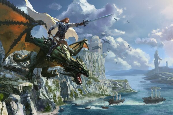 Dragon rider with a sword over the sea