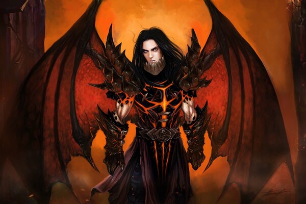 Art guy is a demon with wings in black and red armor