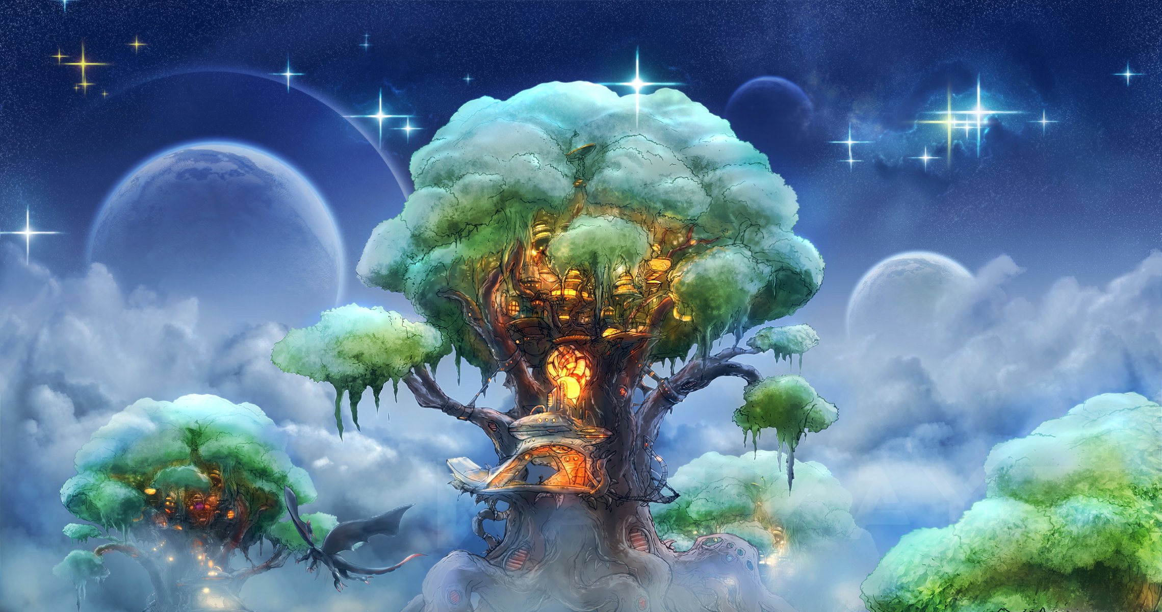 arbre de guimauve kamikaye fantasy art style dragon maison forêt elfique ciel étoiles art arbre maison flet planètes nuages