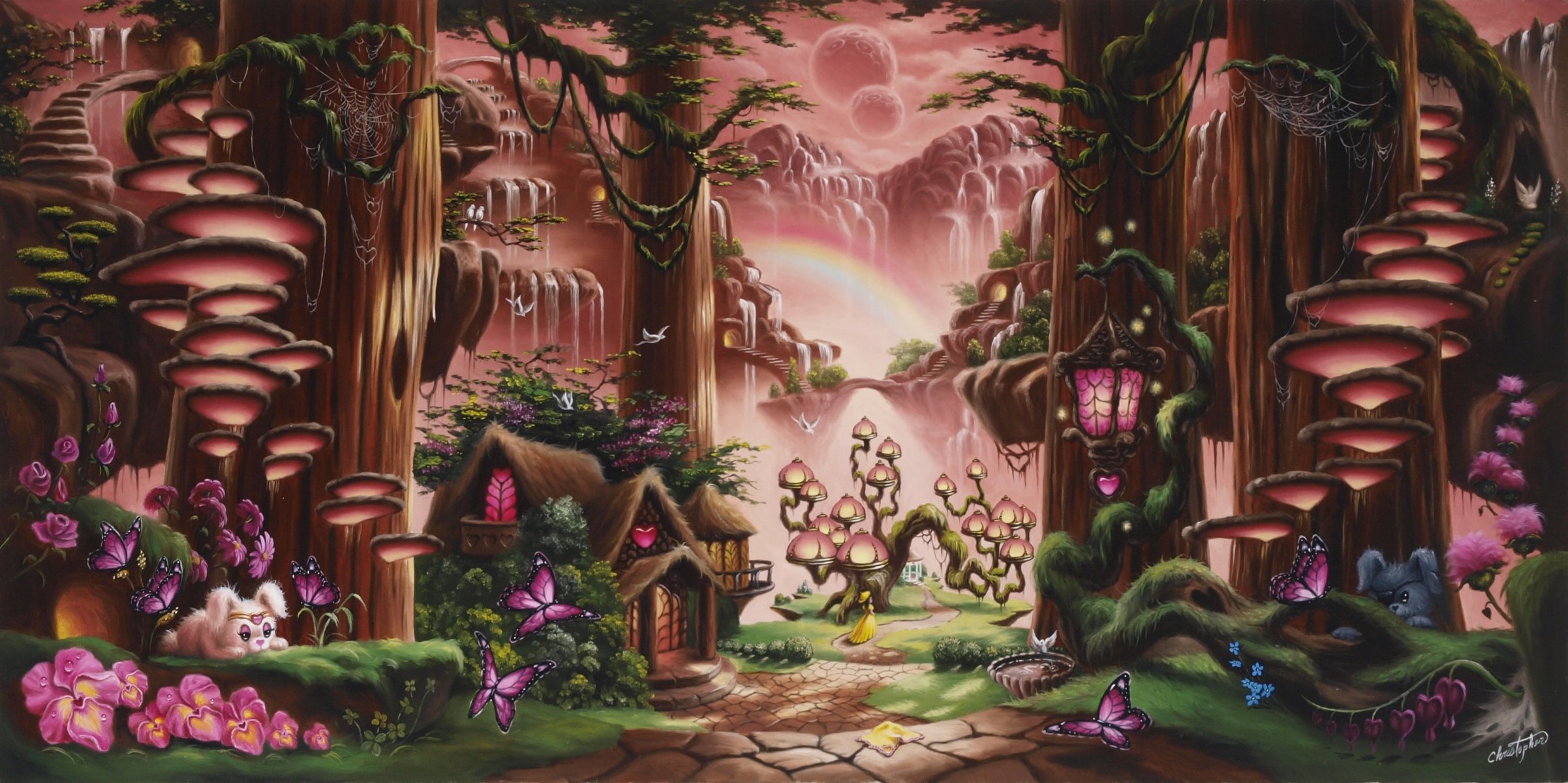 rainbow cottage christopher pollari fantasy art fairytale waterfall sunset house girl butterfly flowers trees tale rabbits flower tree rainbow mushrooms track forest mountain light