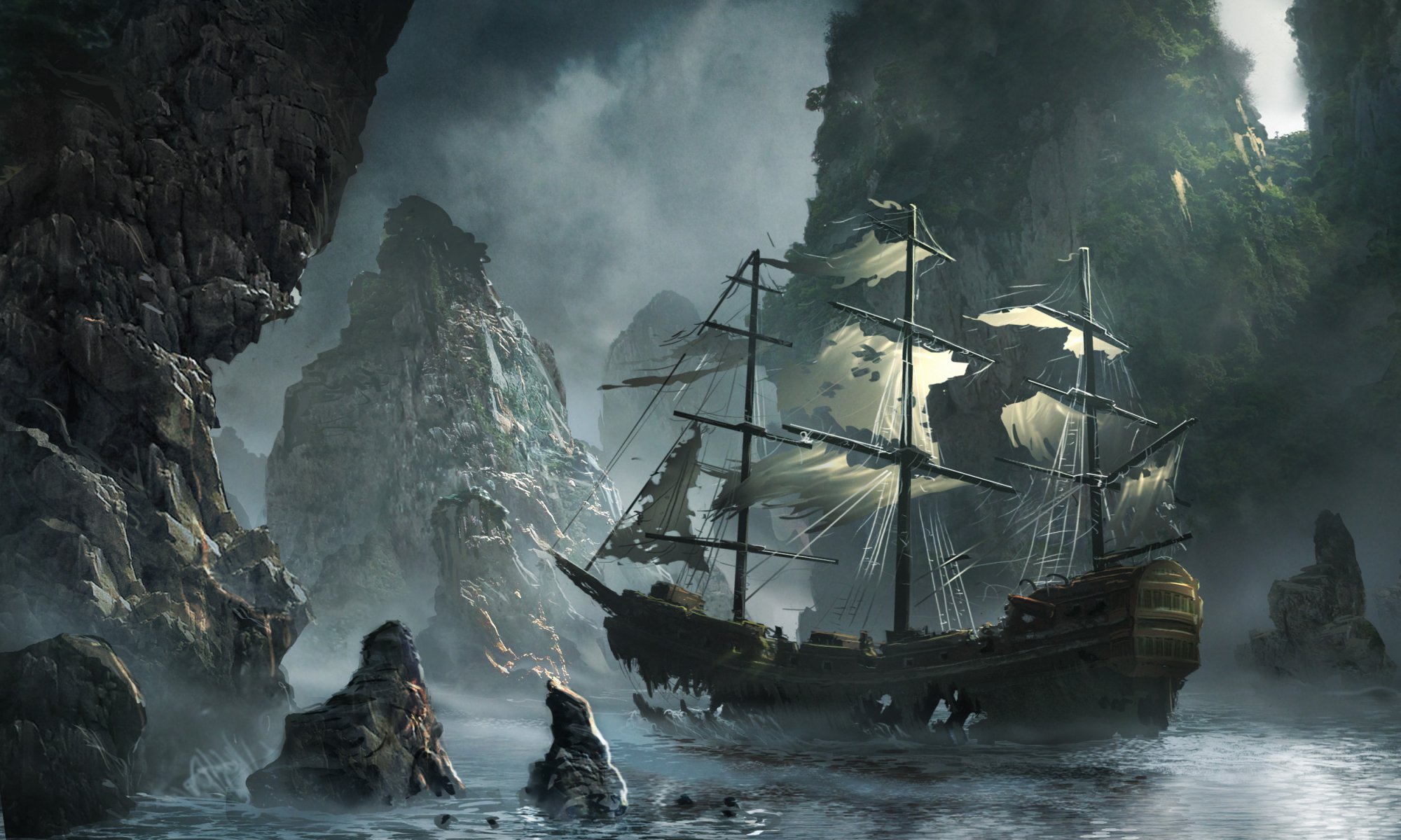 the ghost ship is approaching michal matczak flying dutchman art sea storm rocks art arrival of the ghost ship waves bay rocks sky clouds ship sailboat torn sails shred