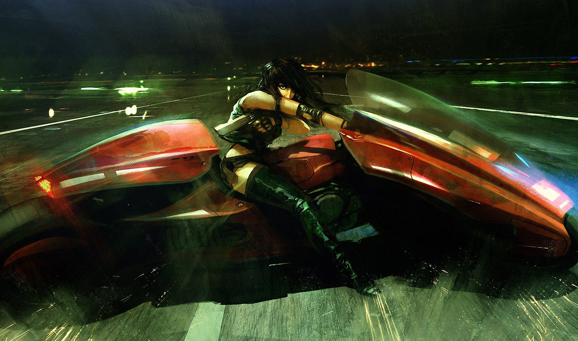 art maciej kusanagi nuit fille moto arme route pistolet pluie