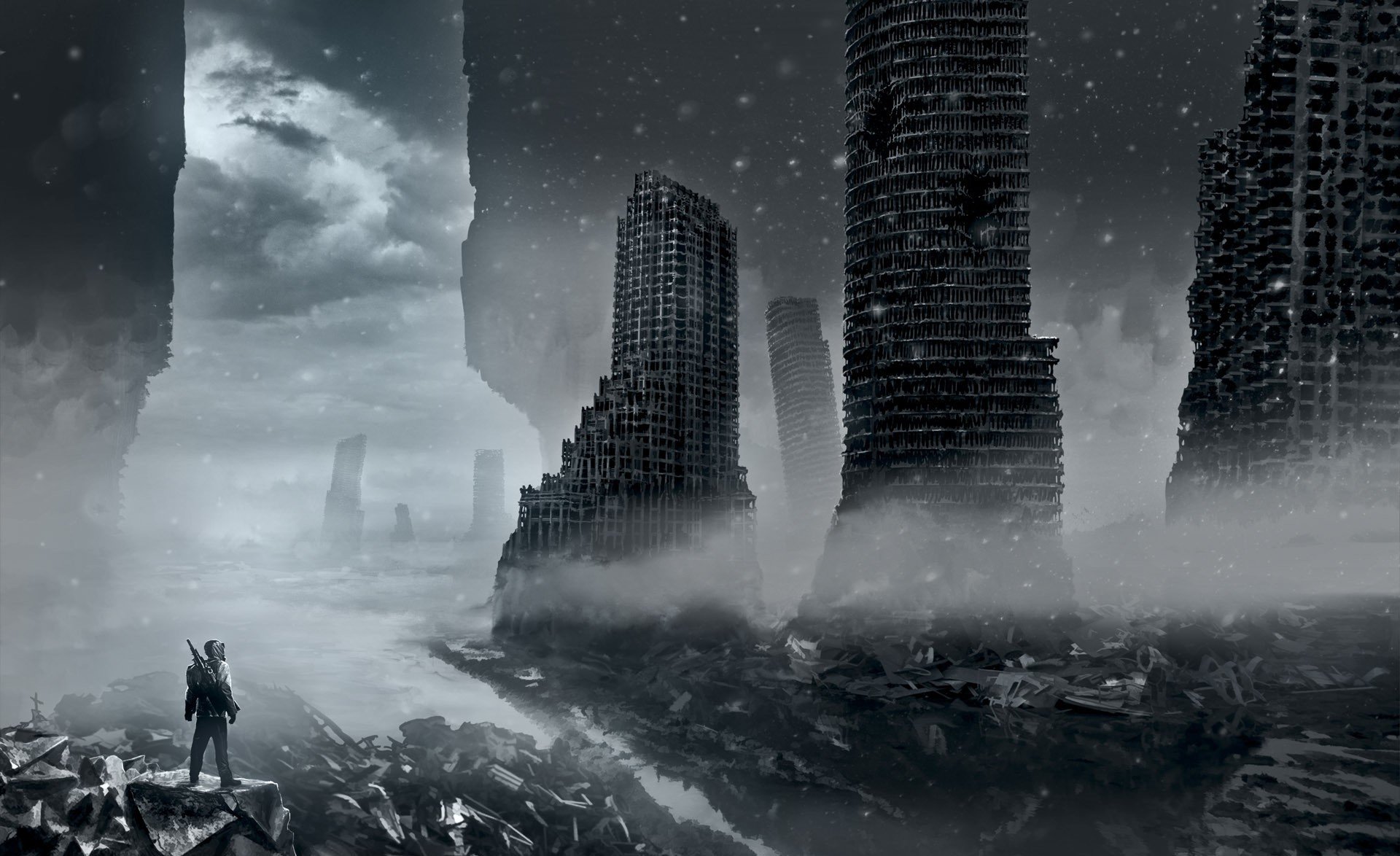 romantik der apokalypse romantisch apokalyptisch alexiuss kunst ruinen stadt zerstörung winter schnee wolken verwüstung waffen