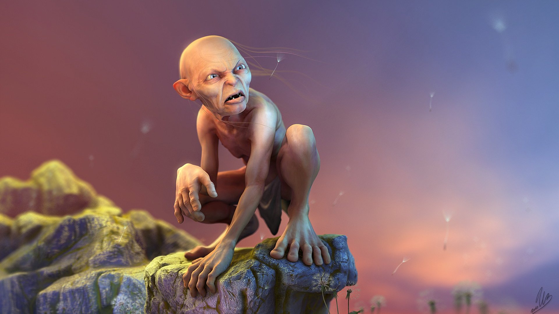 art władca pierścieni gorlum gollum render skała mlecze