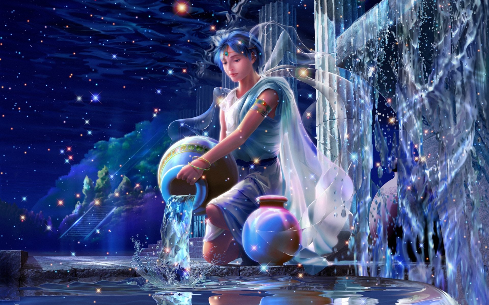 cg wallpapers yutaka kagaya zodiac aquarius starry tales stars beautiful dreams fantasy yutaka kagayya youth ganymede cupbearer of zeus constellation olympus palace crystal column crystals spray water amphora