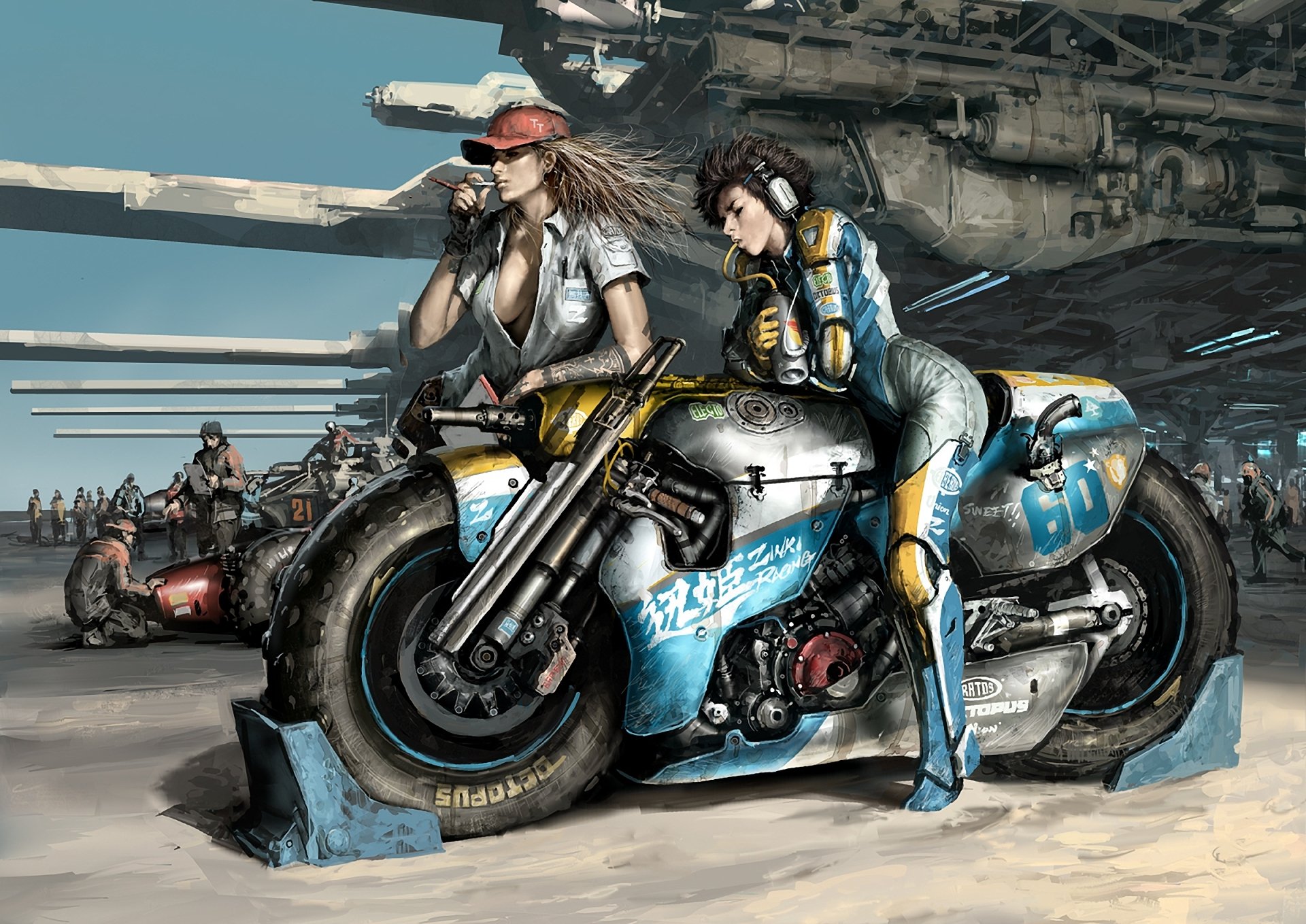 art filles moto arme course attente