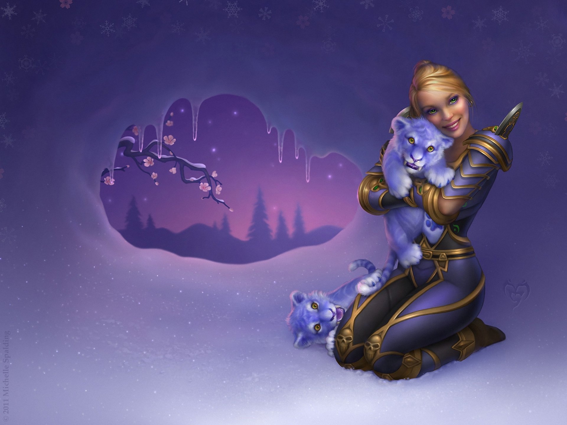 arte mundo de warcraft chica tigres tigre nieve fantasía colmillos árbol carámbanos flores rama