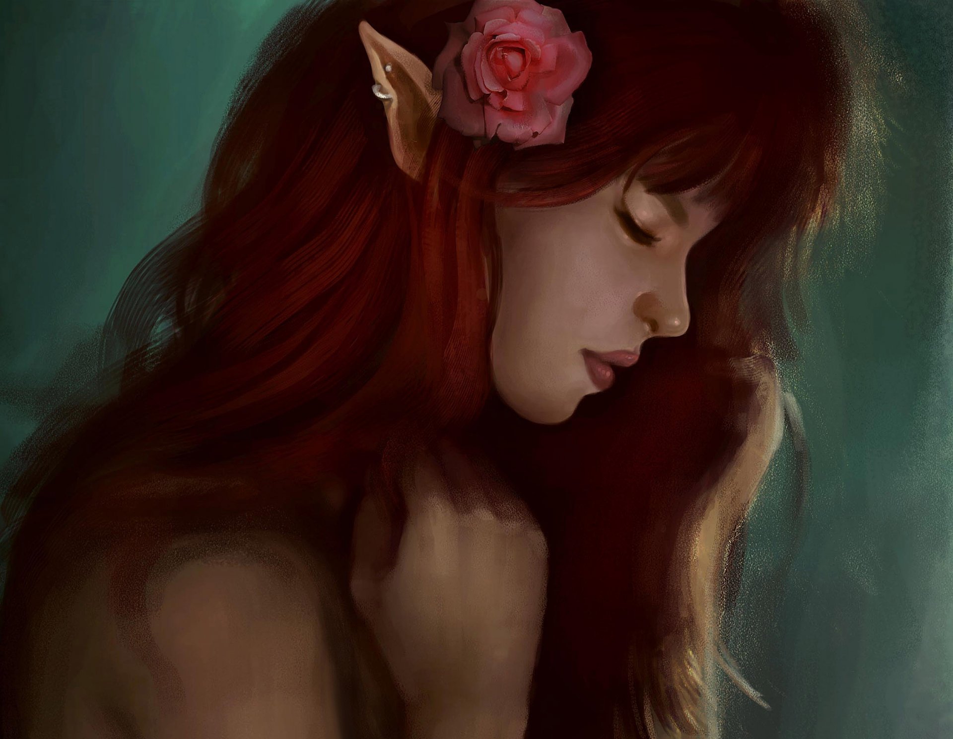 art girl elf elf ears flower rose profile redhead