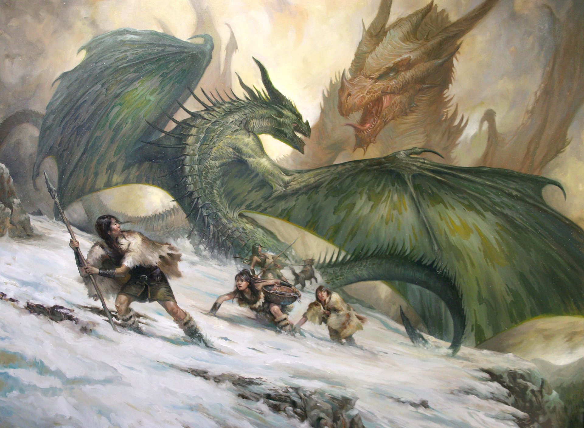 art lucasgraciano dragons neige montagnes gens filles roches bataille chien sauvages