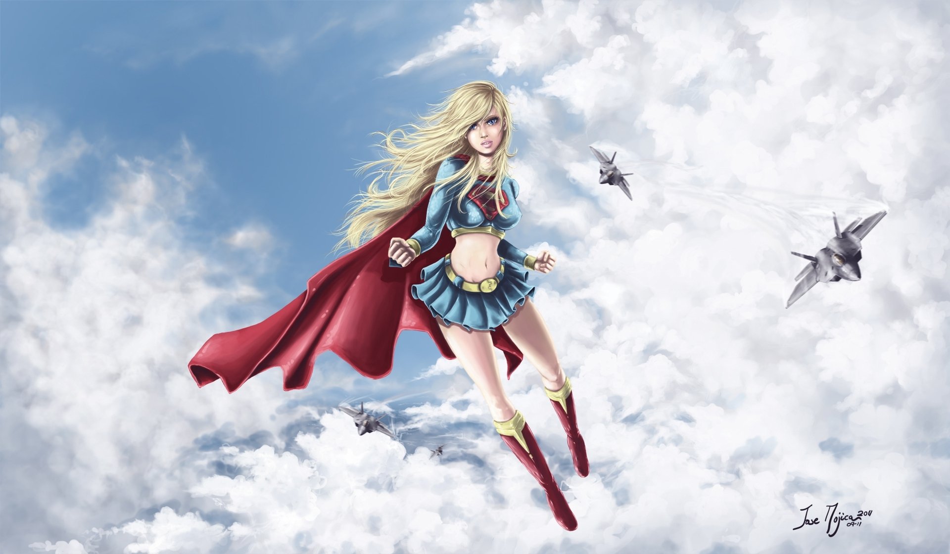 supergirl superheld anzug mantel wolken fliegen flugzeuge