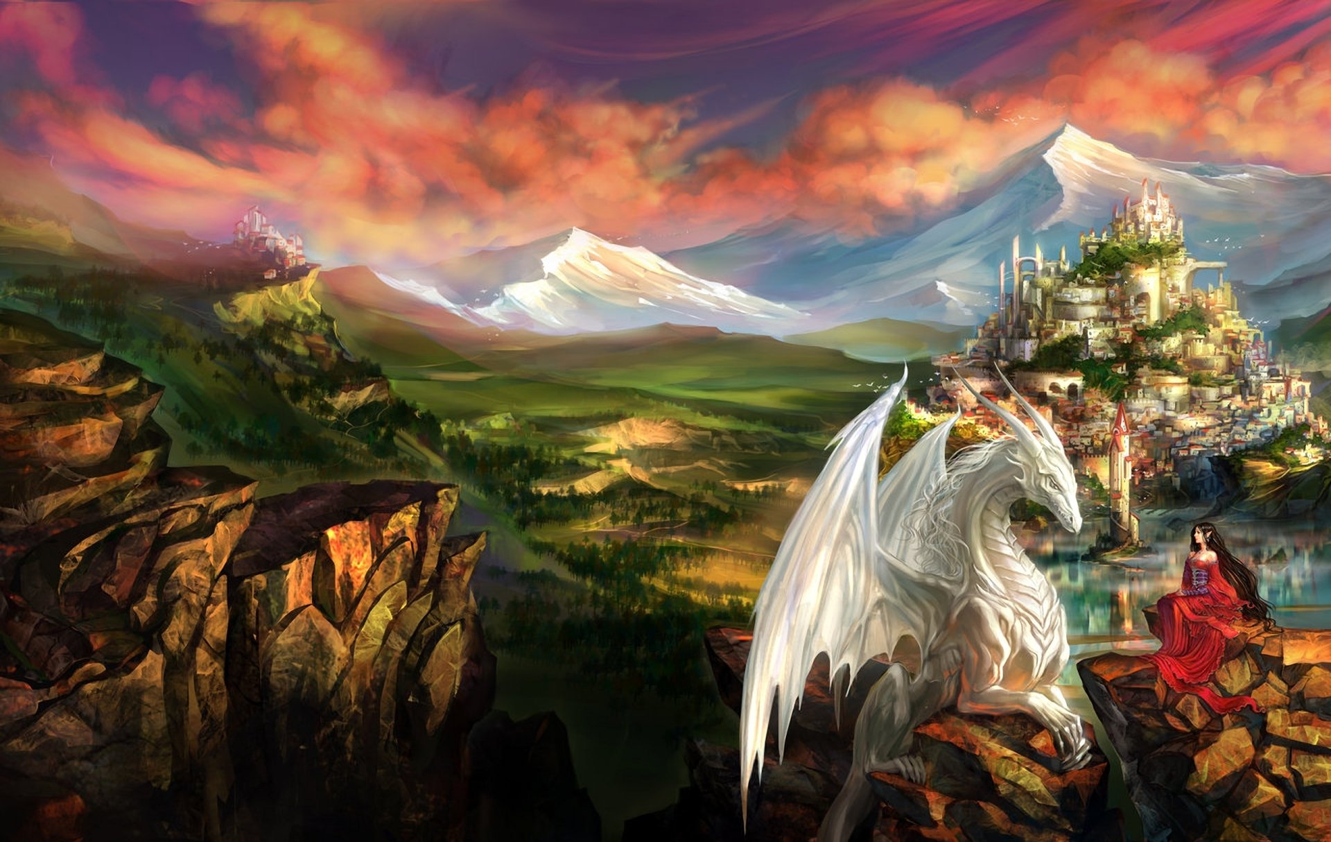 art fantasy landscape dragon elf elf girl city rocks mountains castle