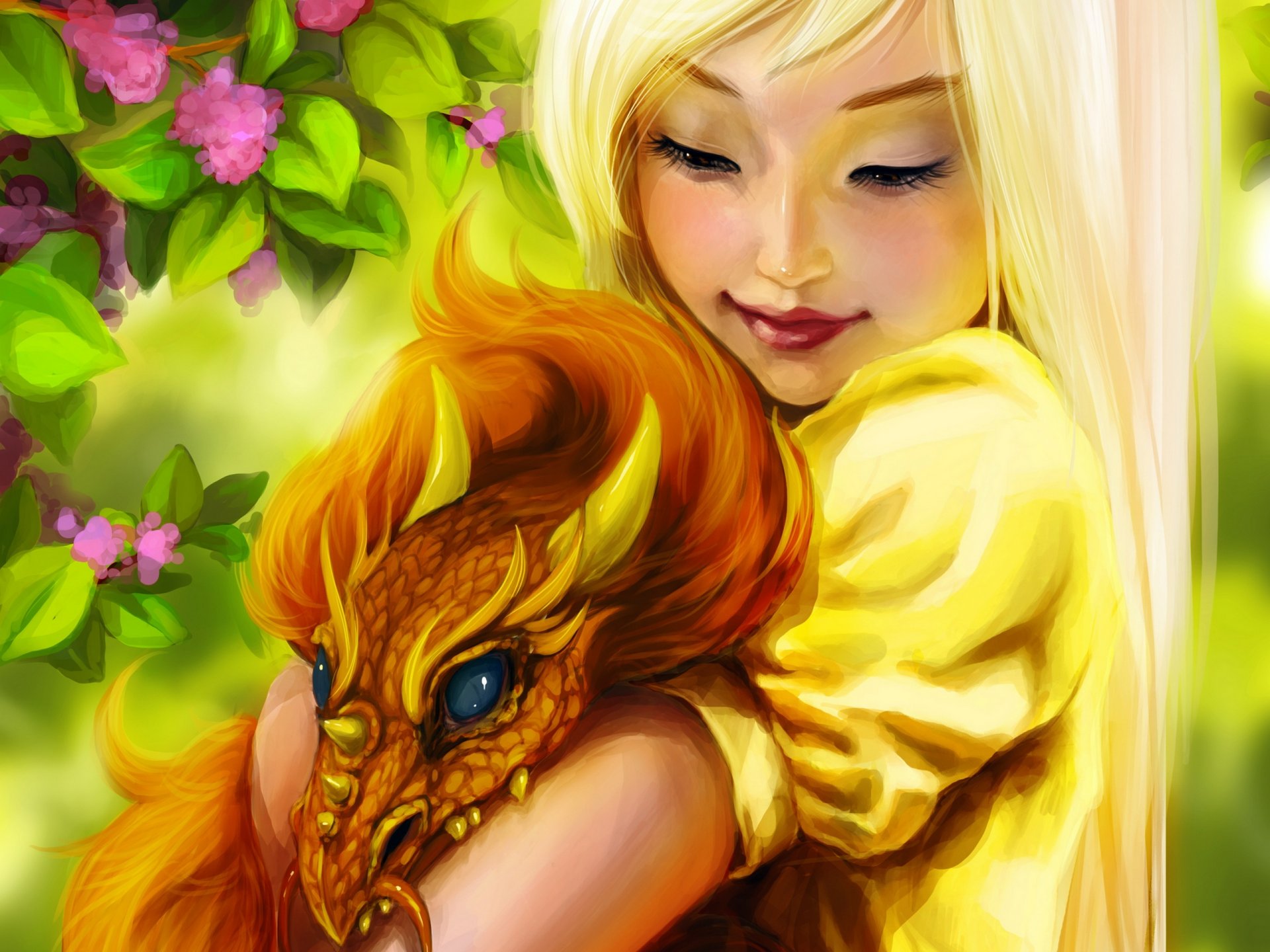 fantasy ink-pot art girl dragon smile flowers flower