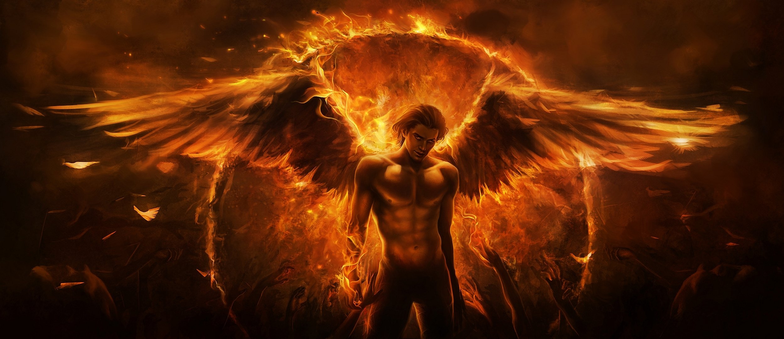 arte imaliea chico ángel demonio fuego alas manos