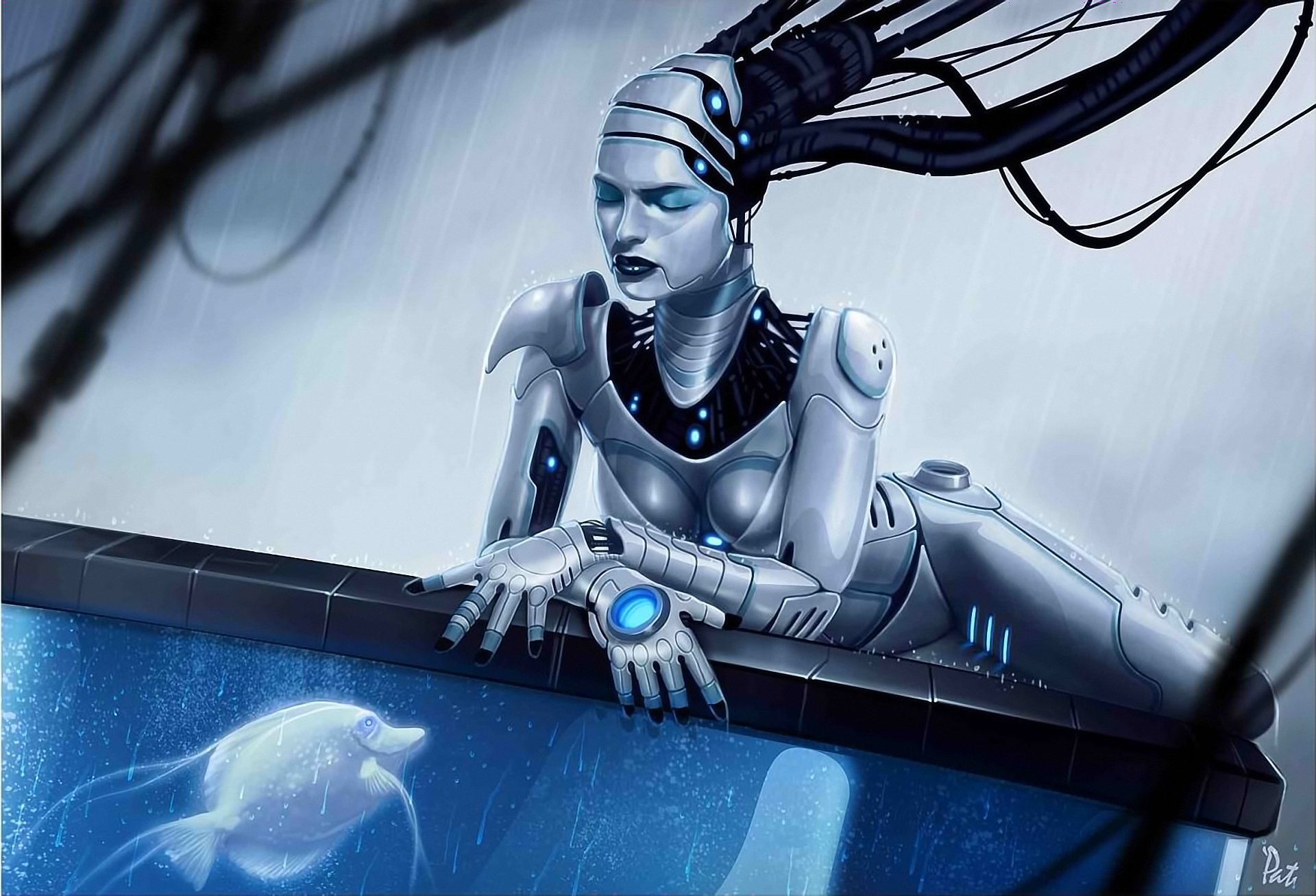 arte robot androide ragazza pioggia acquario pesce pesce acqua fili