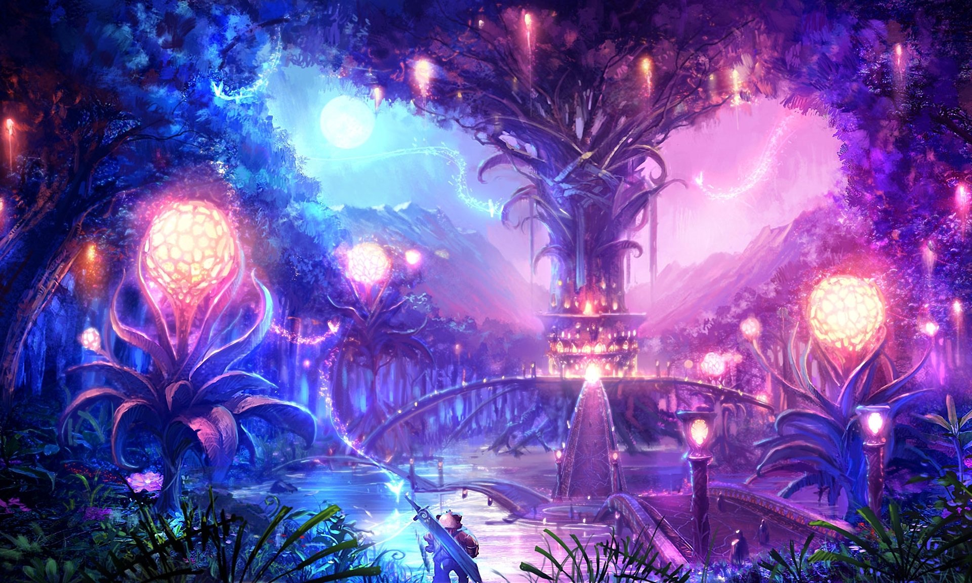 tera online landschaft baum nacht mond lichter magie kugeln krieger schwert brücke stadt