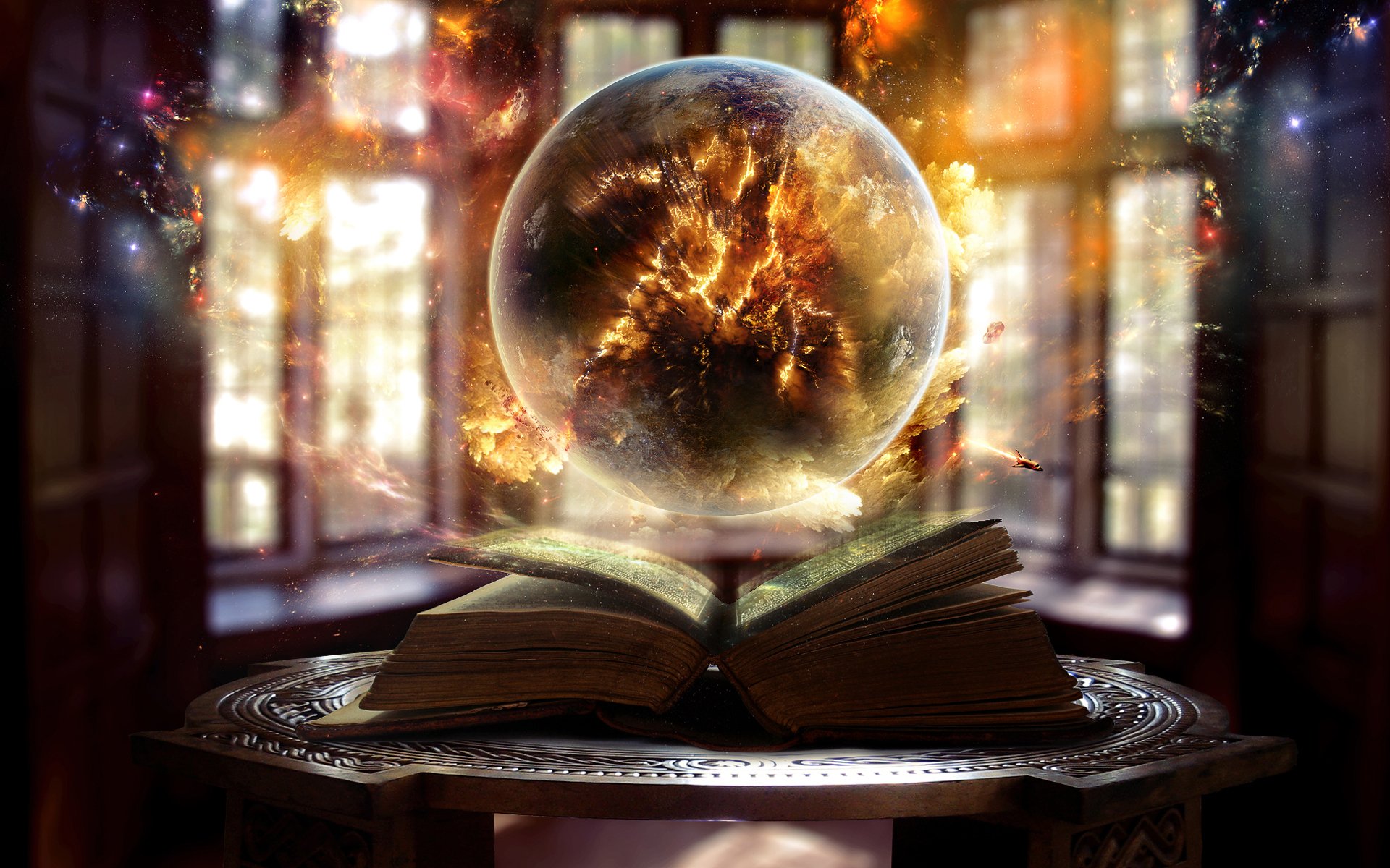 libro sfera palla fuoco scintilla magia finestra luce