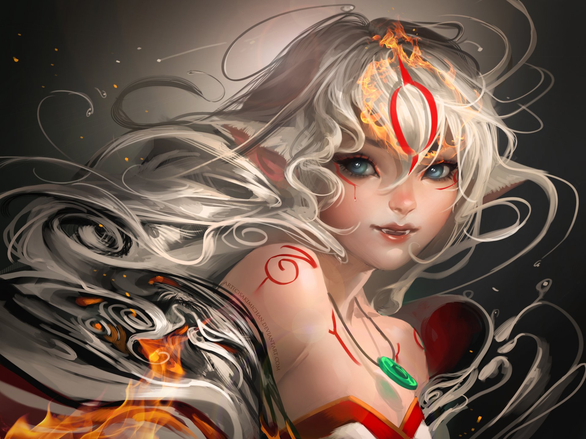 arte sakimichan deviantart ragazza orecchie zanne astrazione tatuaggio fuoco