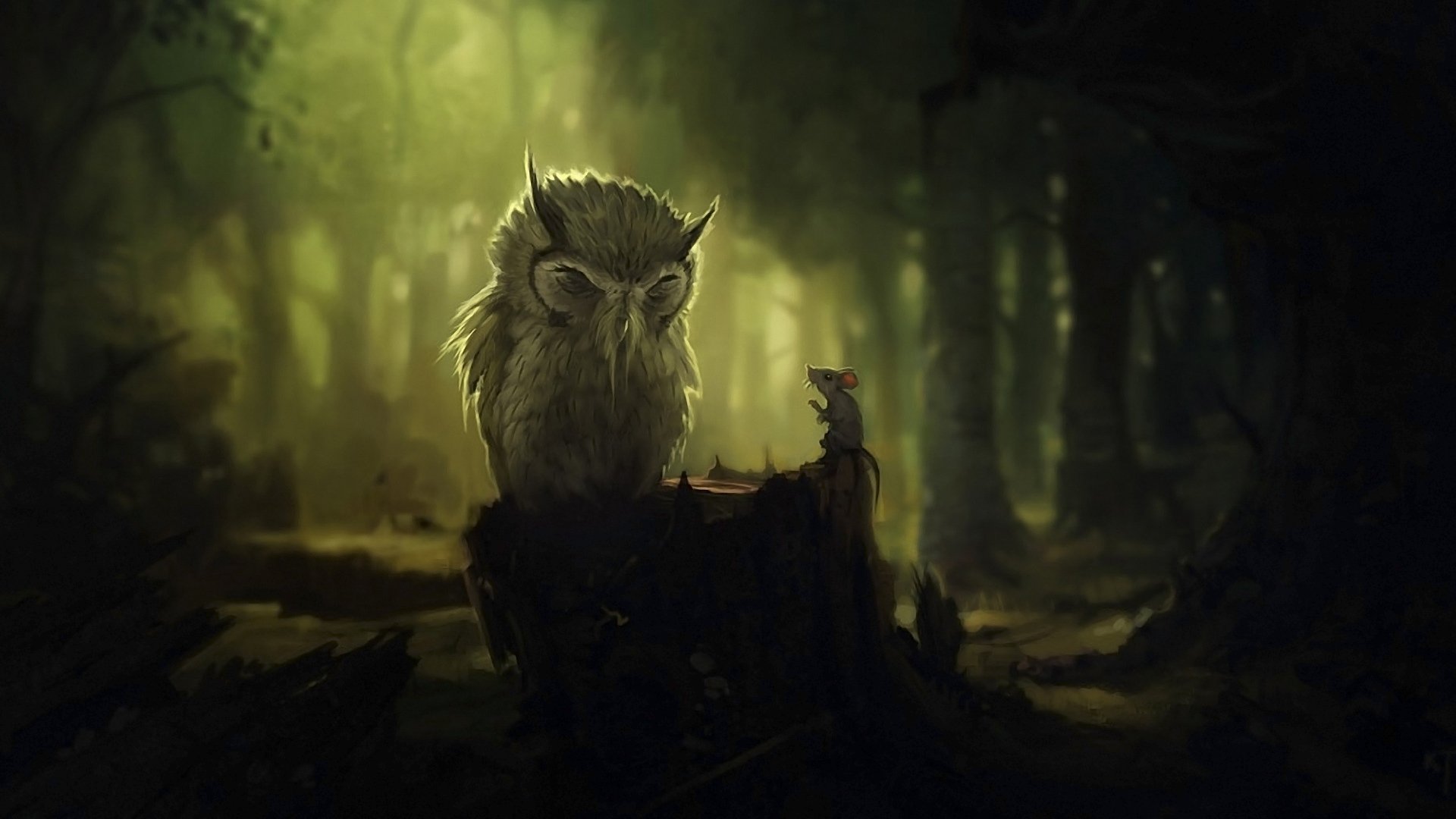 owl mouse forest tree stump talk dark