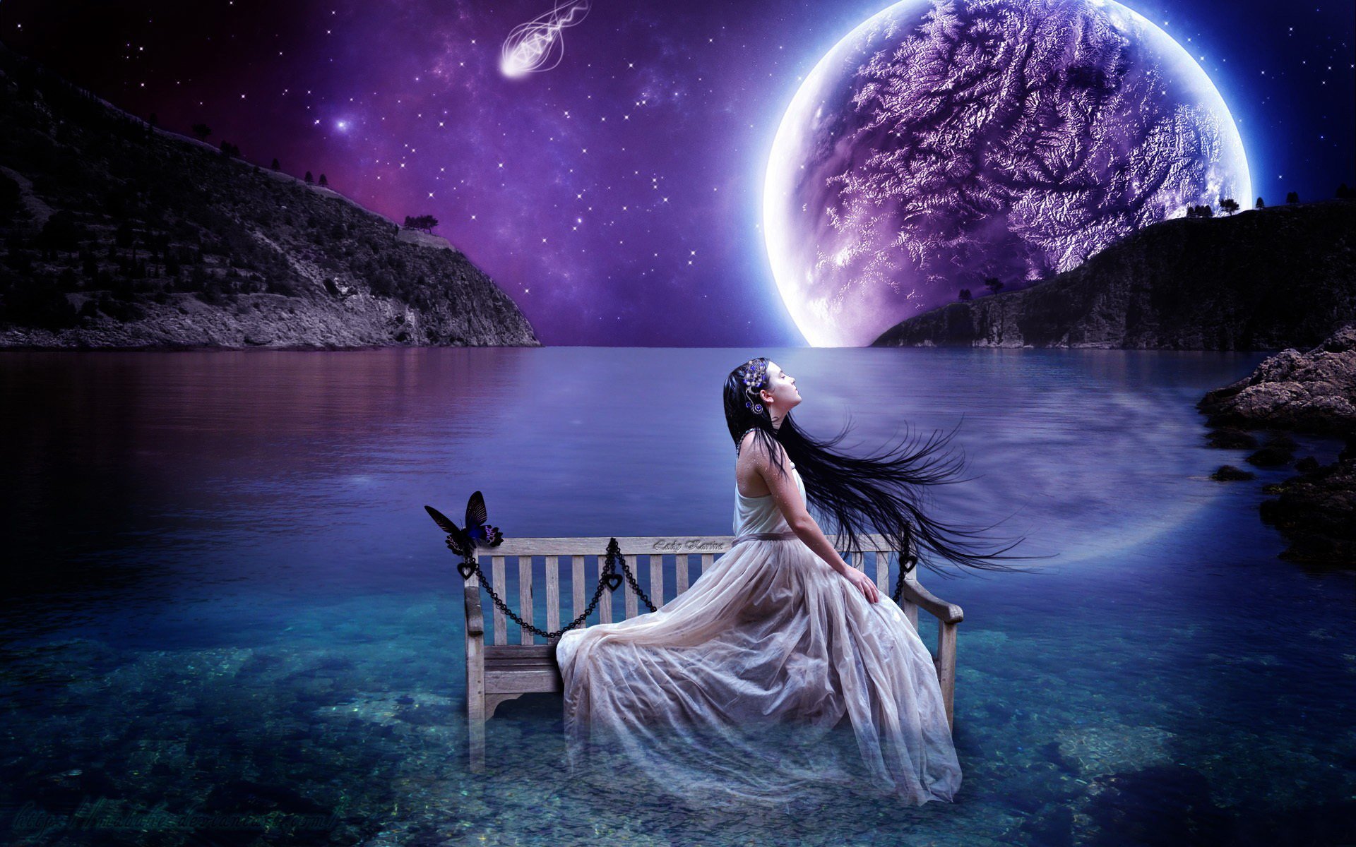 girl brunette bench shop planet landscape horizon sky circuit butterfly