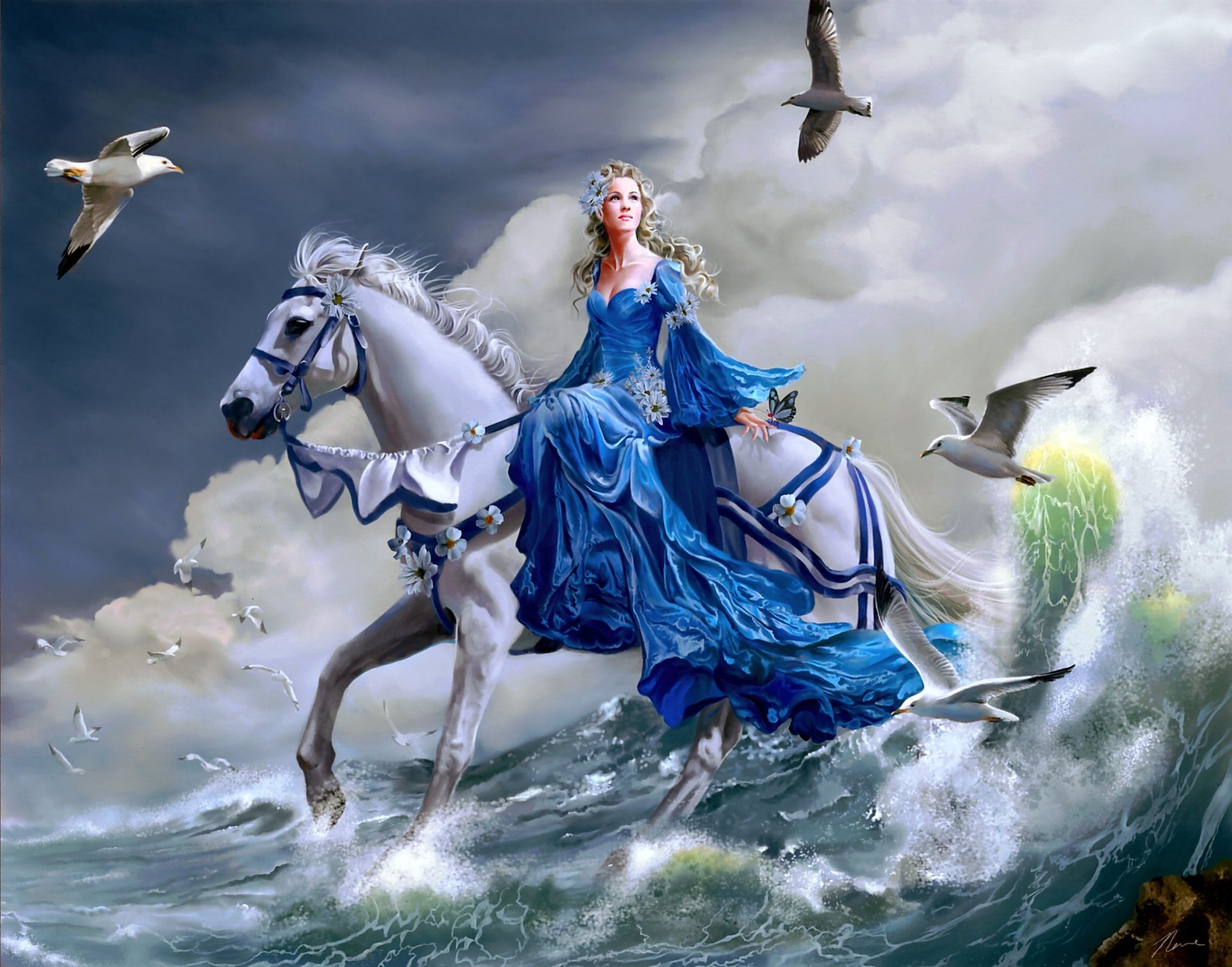 nene thomas horse horse sea wave seagulls girl art