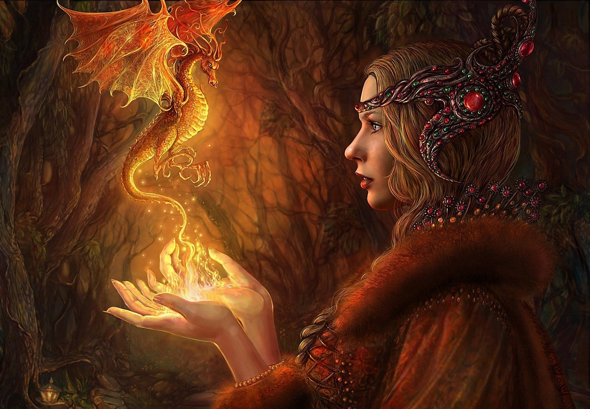 arte alena klementieva ragazza drago magia fuoco foresta lanterna decorazione