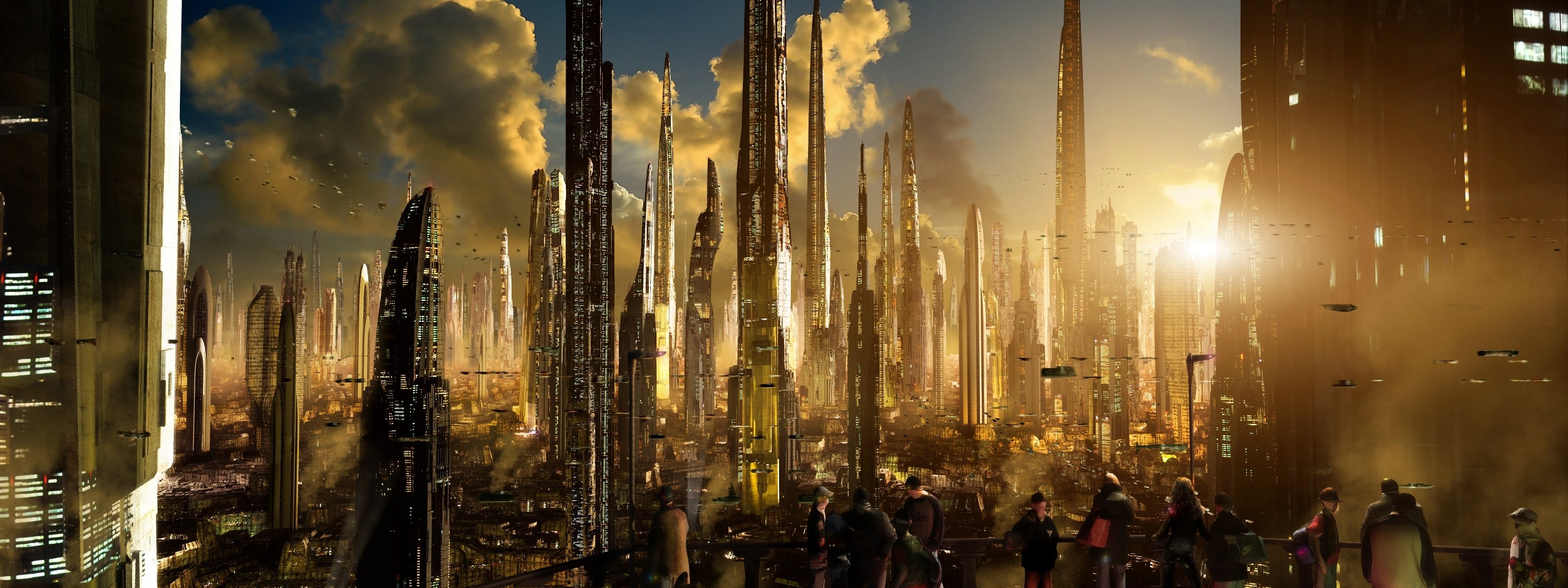 matte future city rich35211 scott richard sci-fi ships towers sunset science fiction future futuristic landscape town planet clouds buildings road tracks lights sun