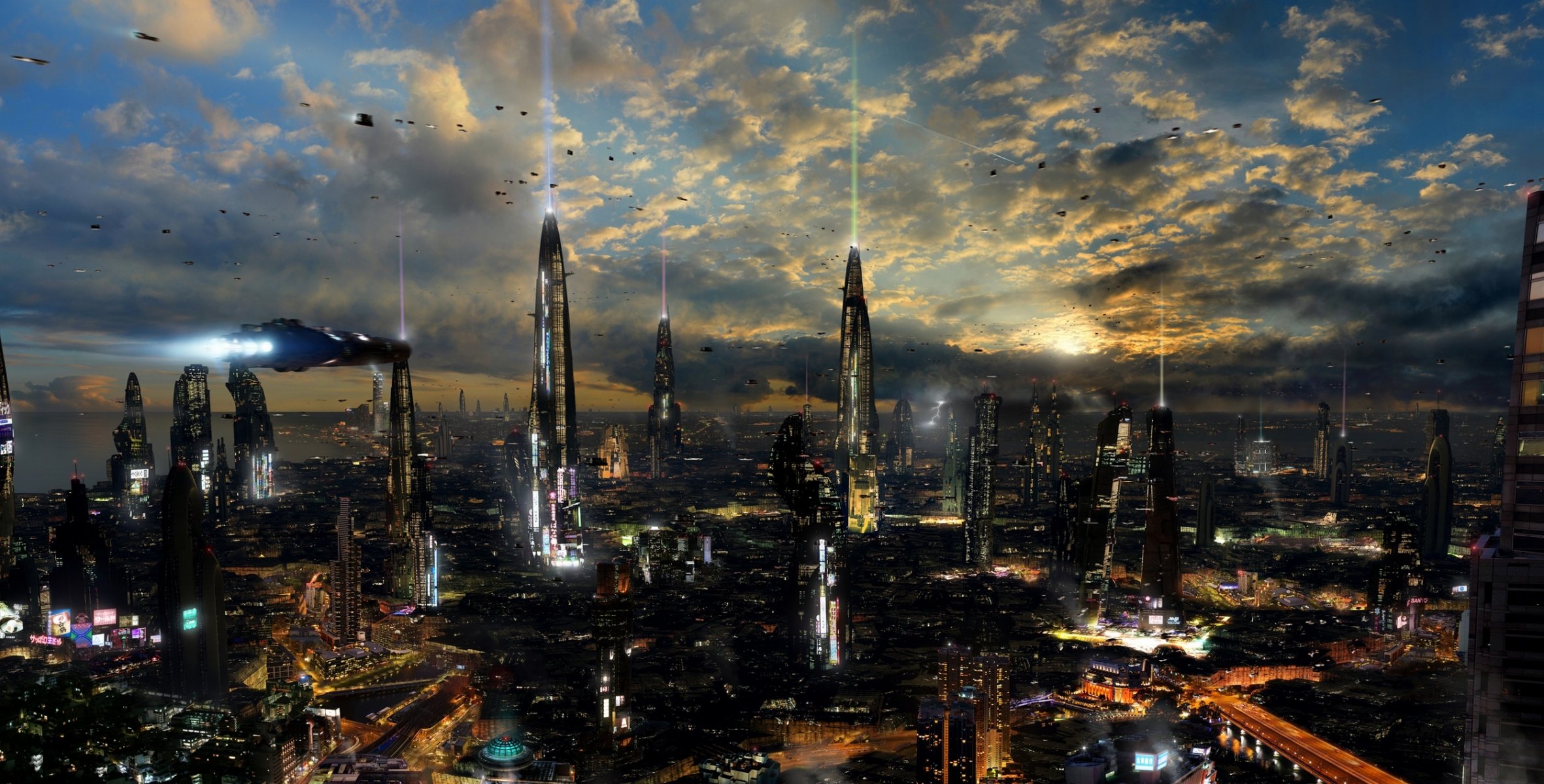 futuristic city 4 rich35211 scott richard sci-fi planet ships towers science fiction future futuristic landscape town clouds buildings road tracks lights other world